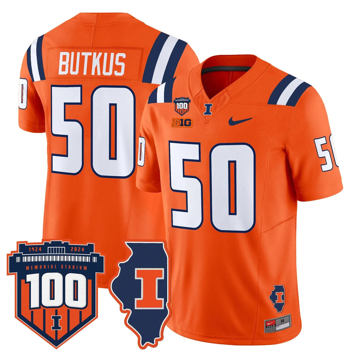 Personalized ILL 100th Memorial Stadium Patch Vapor Limited Jersey - Orange / Dick Butkus Stitched