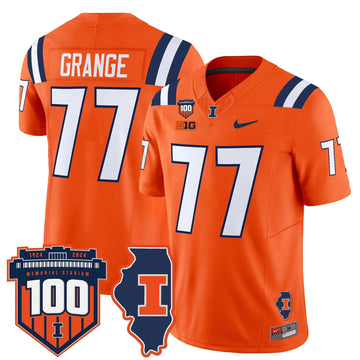 Personalized ILL 100th Memorial Stadium Patch Vapor Limited Jersey - Orange / Red Grange Stitched
