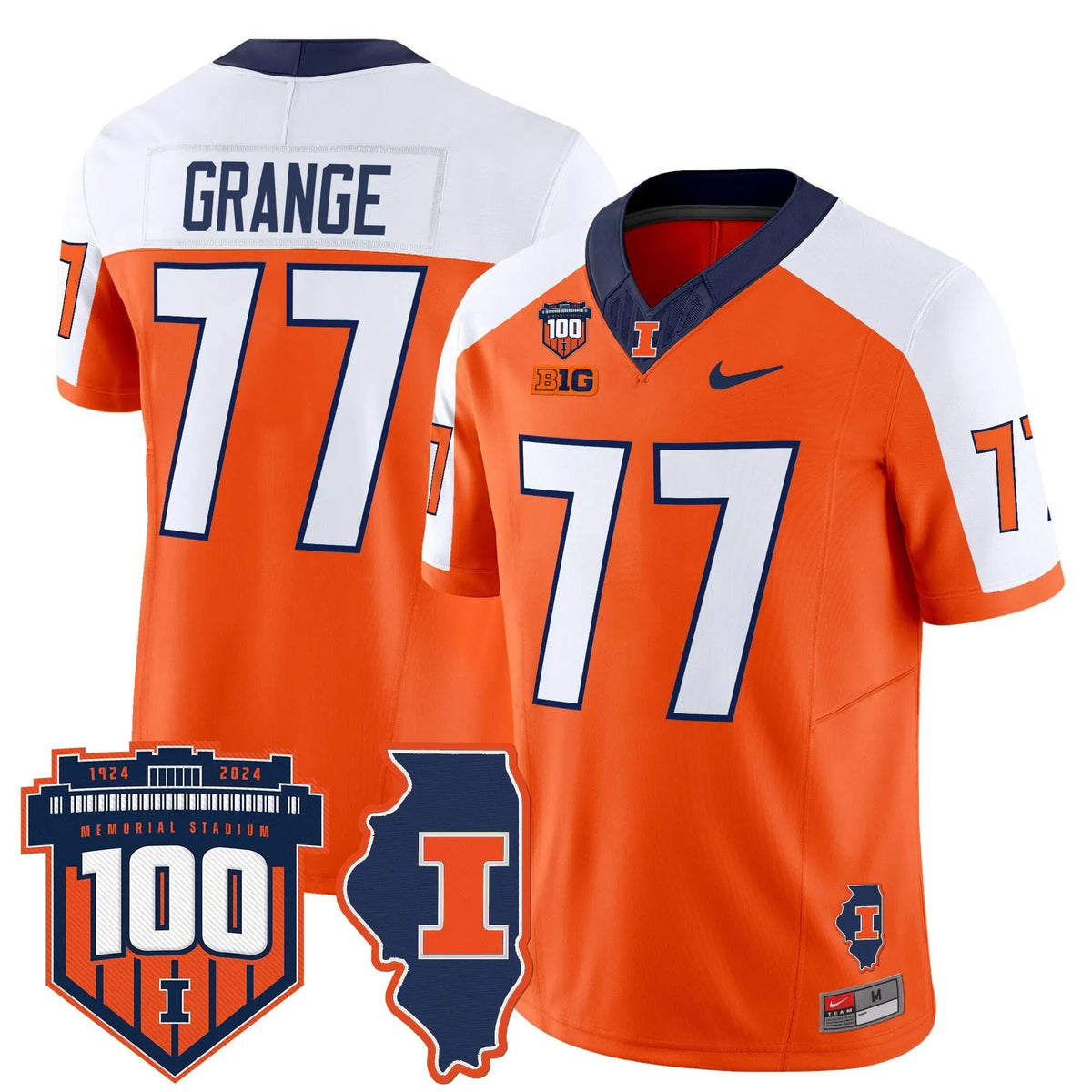 Personalized ILL 100th Memorial Stadium Patch Vapor Limited Jersey - Orange Alternate / Red Grange Stitched
