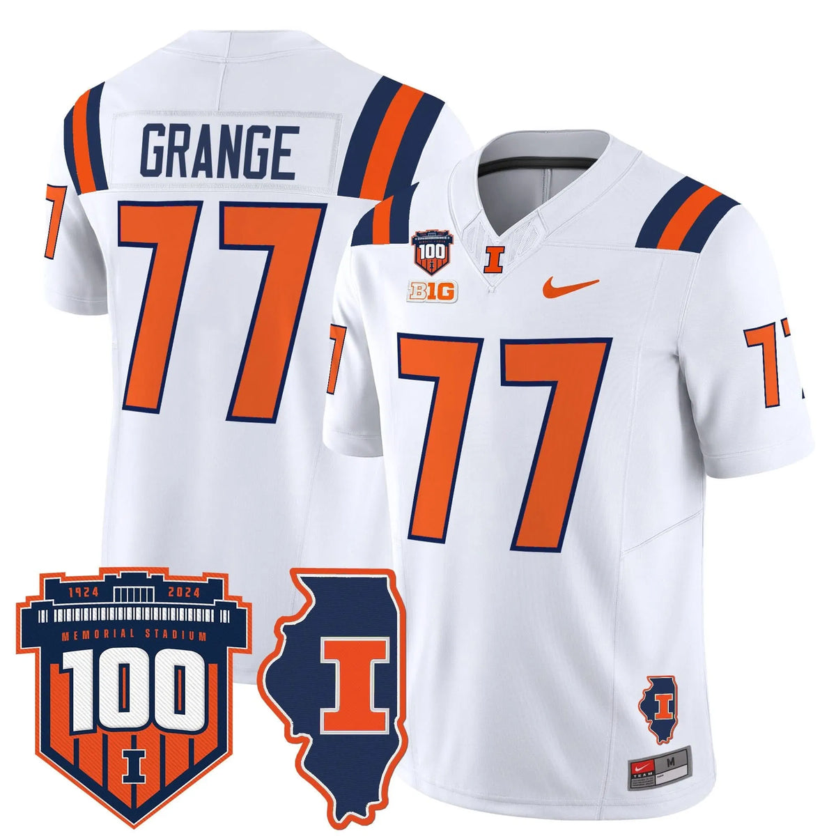 Personalized ILL 100th Memorial Stadium Patch Vapor Limited Jersey - White / Red Grange Stitched