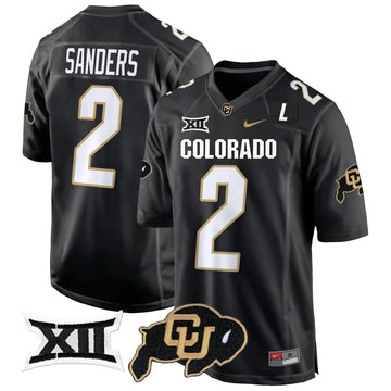 Personalized CB Big 12 XII Patch Game Jersey V2 - Black / Shedeur Sanders Stitched
