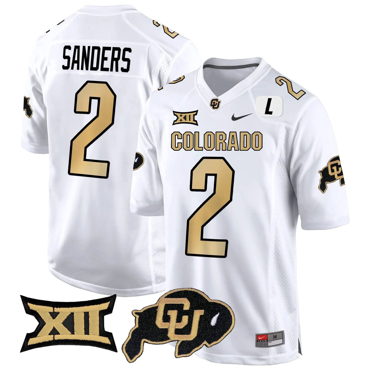 Personalized CB Big 12 XII Patch Game Jersey V2 - White / Shedeur Sanders Stitched