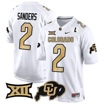Personalized CB Big 12 XII Patch Game Jersey V2 - White / Shedeur Sanders Stitched