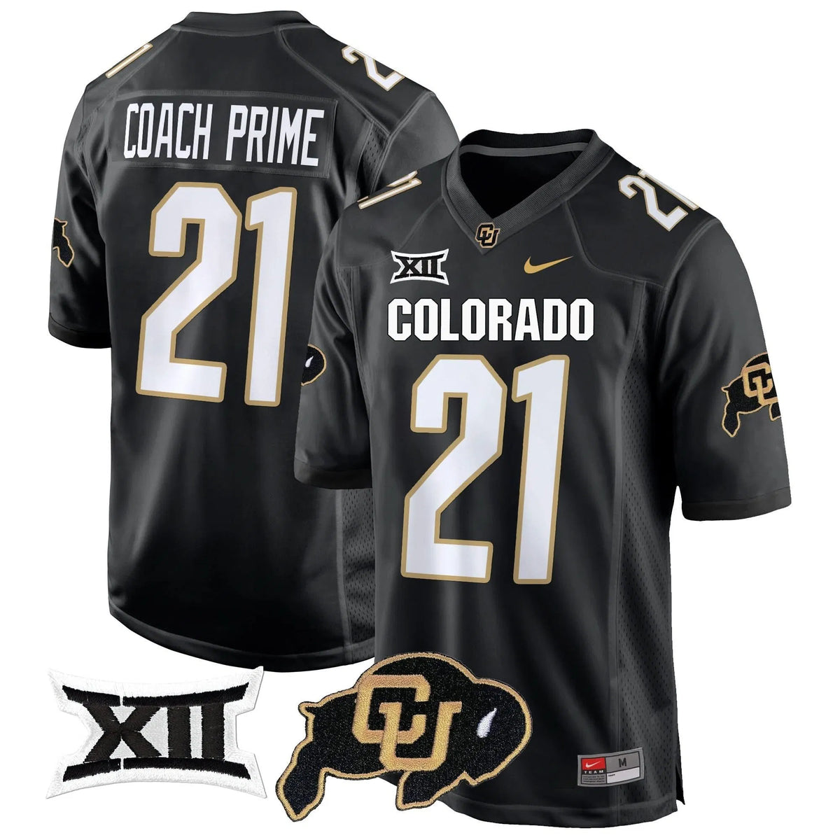 Personalized CB Big 12 XII Patch Game Jersey V2 - Black / Coach Prime Stitched