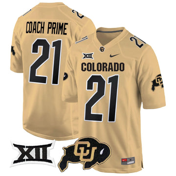 Personalized CB Big 12 XII Patch Game Jersey V2 - Gold / Coach Prime Stitched