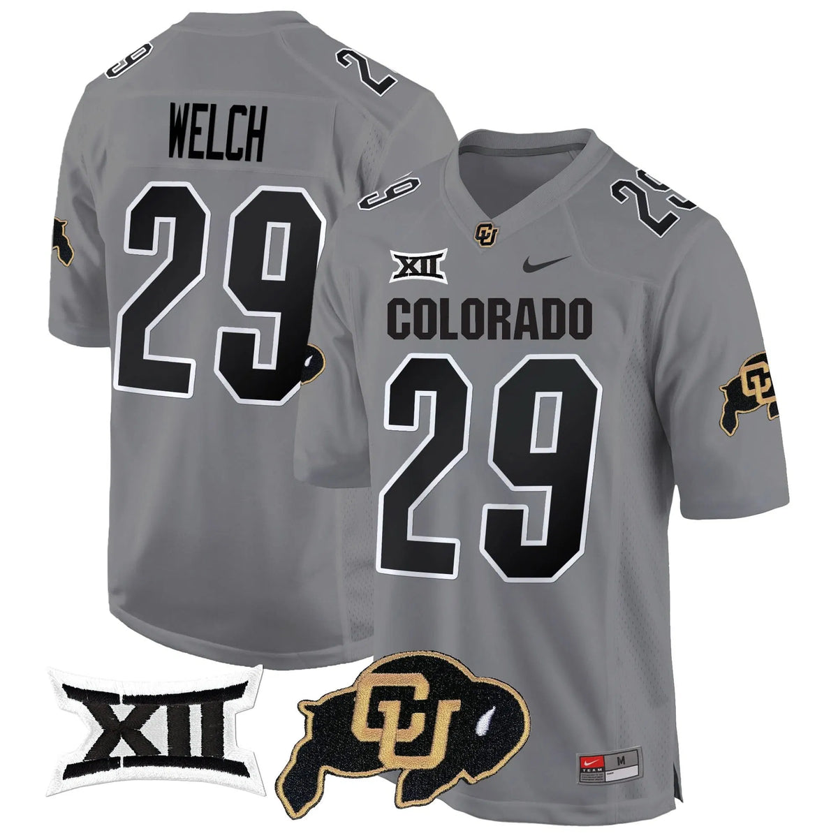 Personalized CB Big 12 XII Patch Game Jersey V2 - Gray / Micah Welch Stitched