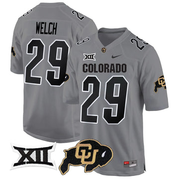 Personalized CB Big 12 XII Patch Game Jersey V2 - Gray / Micah Welch Stitched