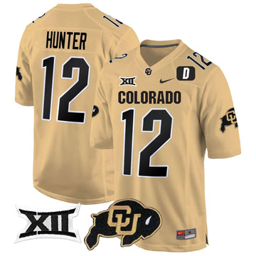 Personalized CB Big 12 XII Patch Game Jersey V2 - Gold / Travis Hunter Stitched