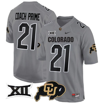 Personalized CB Big 12 XII Patch Game Jersey V2 - Gray / Coach Prime Stitched