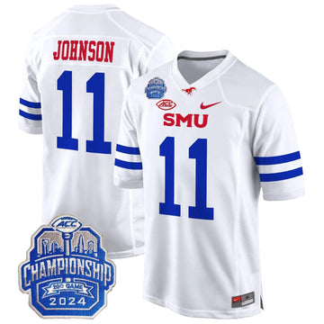 Personalized SMU 2026 ACC Championship Patch Game Jersey - White / LJ Johnson Jr. Stitched