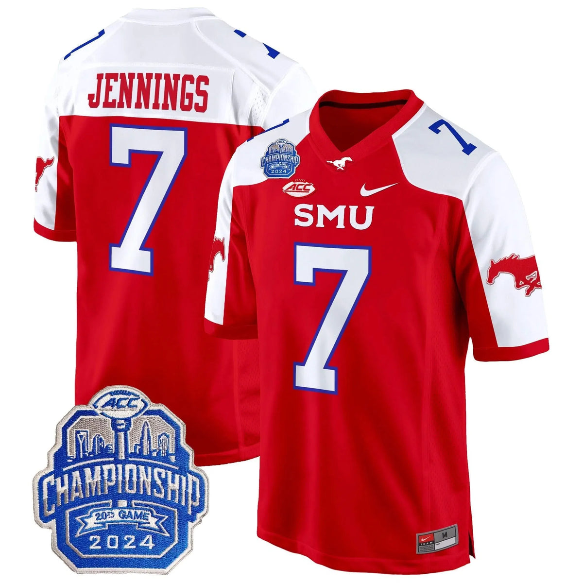 Personalized SMU 2026 ACC Championship Patch Game Jersey - Red Alternate / Kevin Jennings Stitched