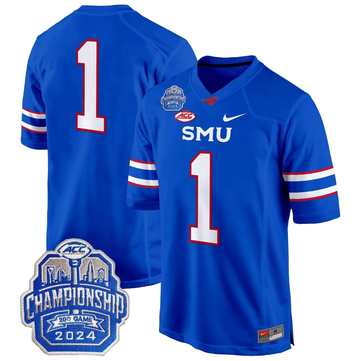 Personalized SMU 2026 ACC Championship Patch Game Jersey - Blue / #1 Team Stitched