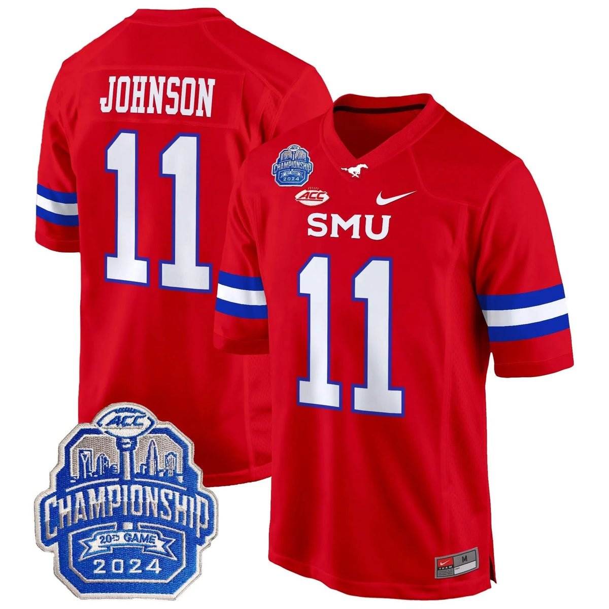 Personalized SMU 2026 ACC Championship Patch Game Jersey - Red / LJ Johnson Jr. Stitched
