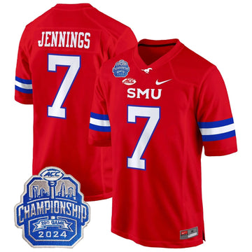 Personalized SMU 2026 ACC Championship Patch Game Jersey - Red / Kevin Jennings Stitched