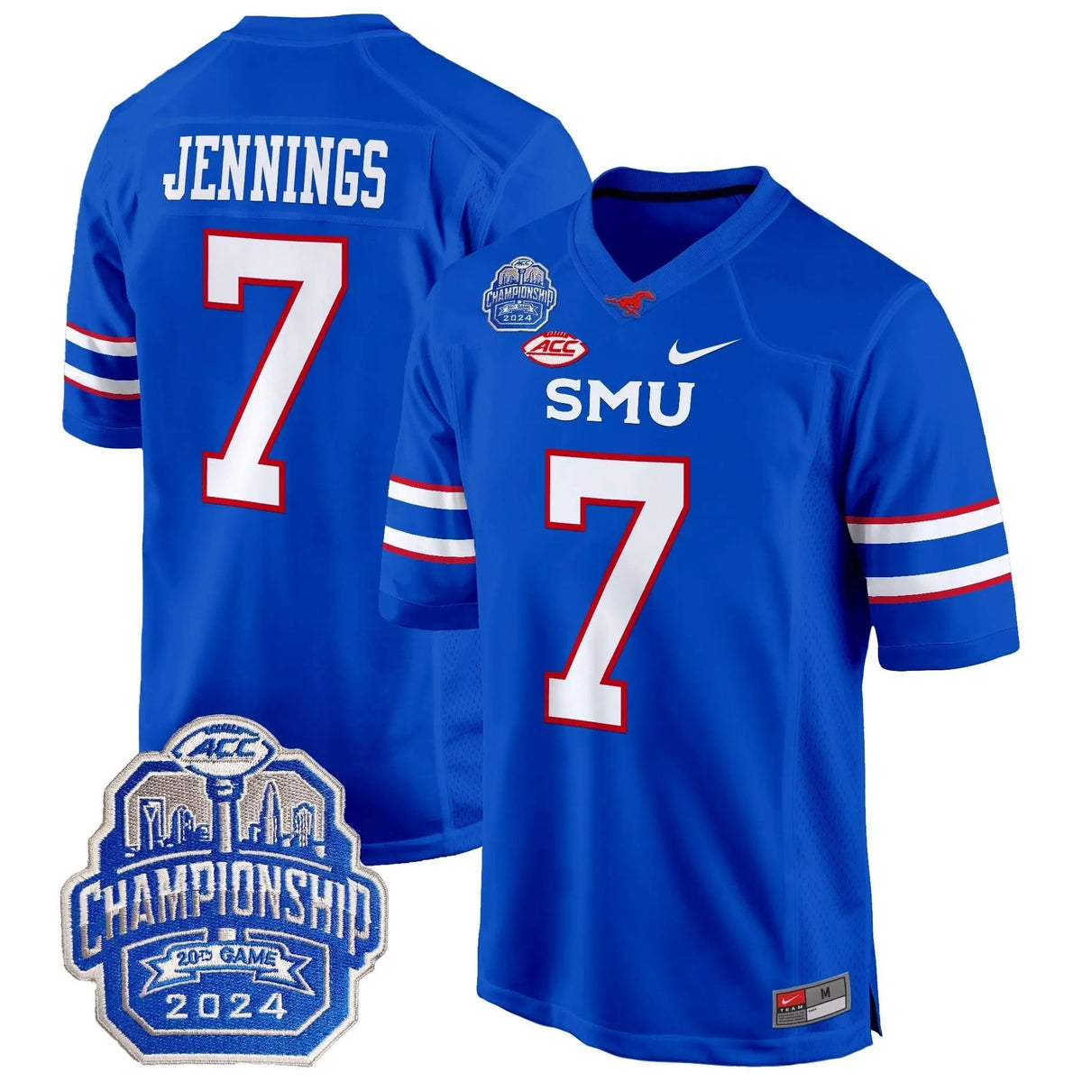 Personalized SMU 2026 ACC Championship Patch Game Jersey - Blue / Kevin Jennings Stitched