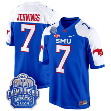 Personalized SMU 2026 ACC Championship Patch Game Jersey - Blue Alternate / Kevin Jennings Stitched
