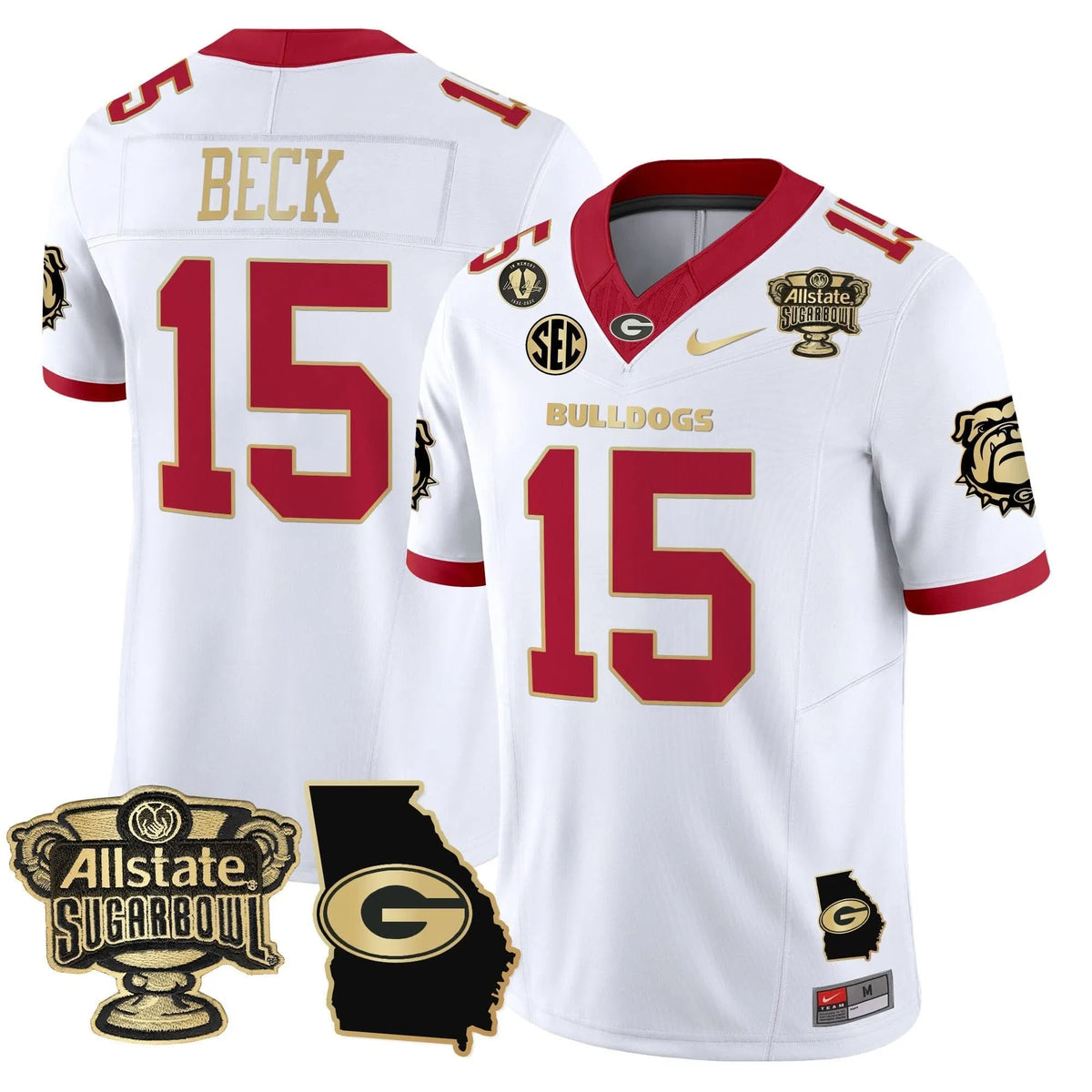 Personalized GB 2026 Sugar Bowl & Georgia Map Patch Vapor Limited Jersey - White Gold Trim / Carson Beck Stitched