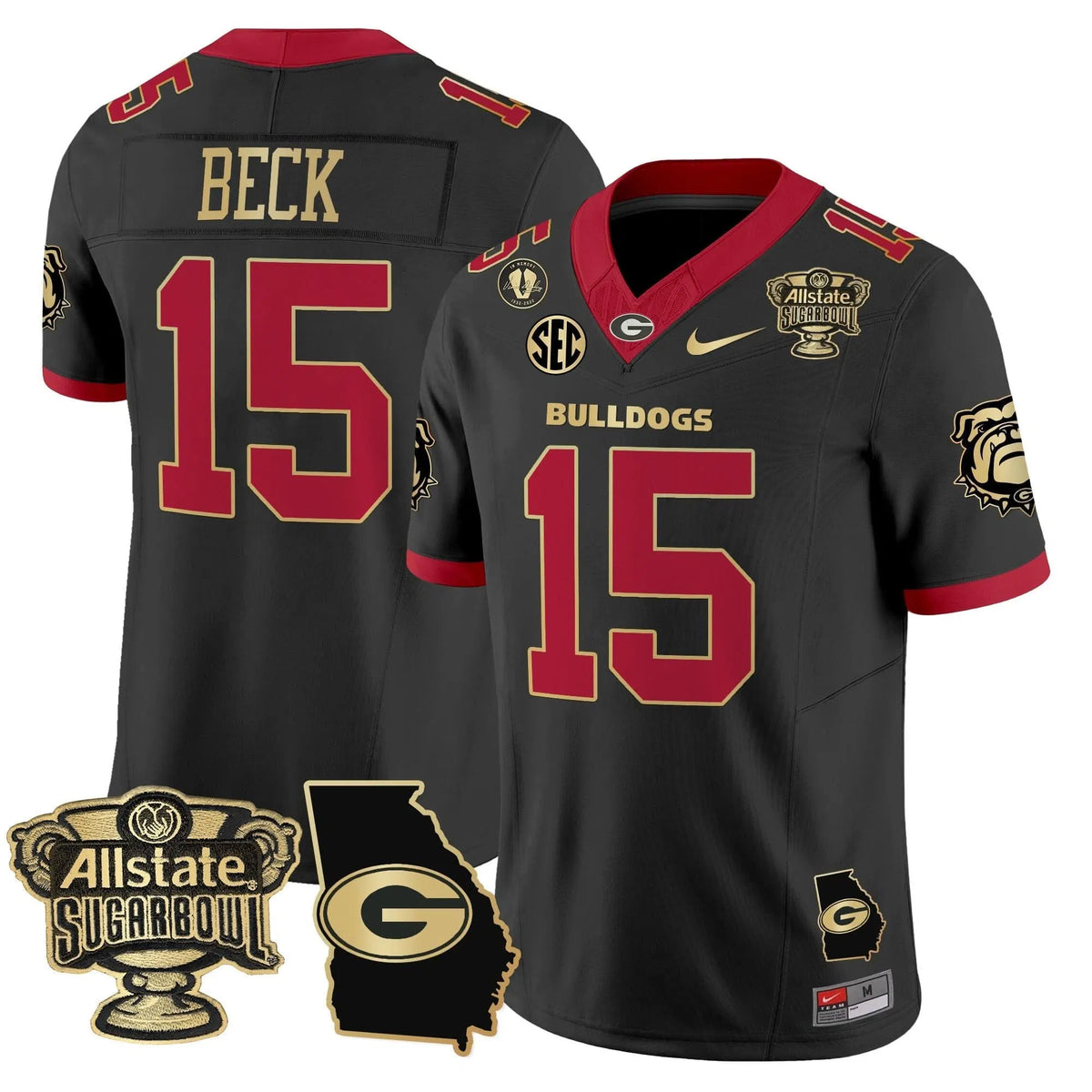 Personalized GB 2026 Sugar Bowl & Georgia Map Patch Vapor Limited Jersey - Black Gold Trim / Carson Beck Stitched