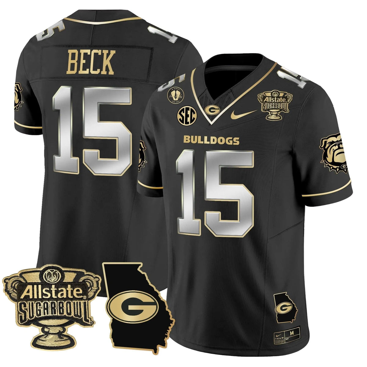 Personalized GB 2026 Sugar Bowl & Georgia Map Patch Vapor Limited Jersey - Black Gold / Carson Beck Stitched