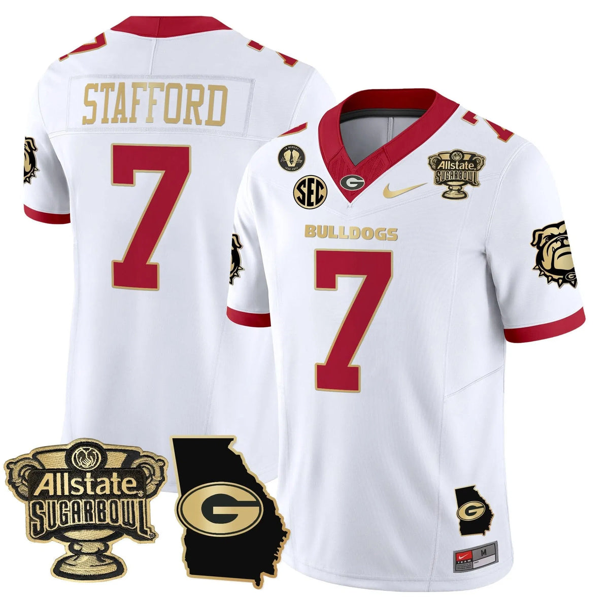Personalized GB 2026 Sugar Bowl & Georgia Map Patch Vapor Limited Jersey - White Gold Trim / Matthew Stafford Stitched
