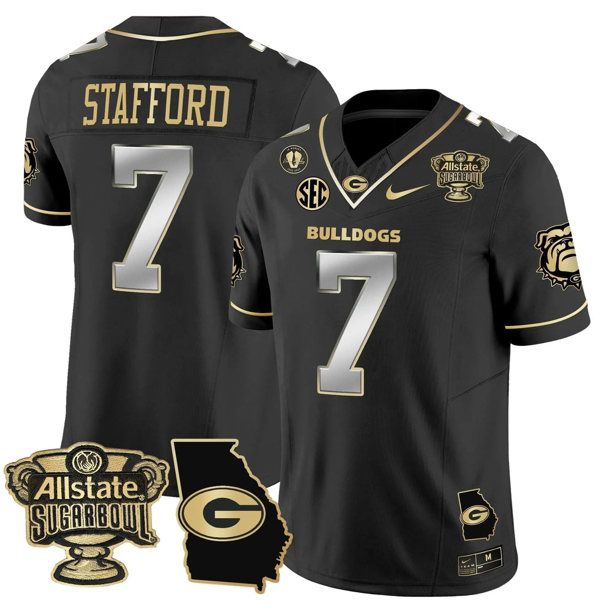 Personalized GB 2026 Sugar Bowl & Georgia Map Patch Vapor Limited Jersey - Black Gold / Matthew Stafford Stitched