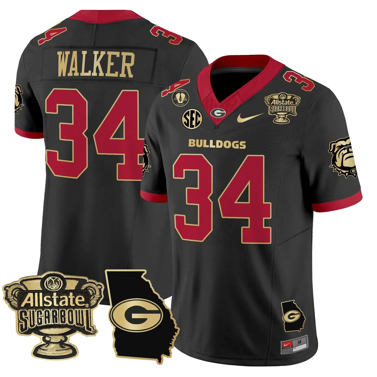 Personalized GB 2026 Sugar Bowl & Georgia Map Patch Vapor Limited Jersey - Black Gold Trim / Herschel Walker Stitched