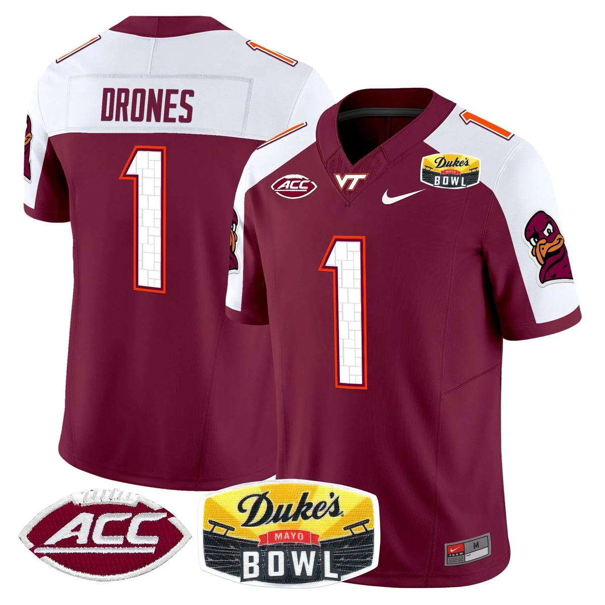 Personalized VTH 2026 Duke's Mayo Bowl Patch Vapor Limited Jersey - Maroon Alternate / Kyron Drones Stitched