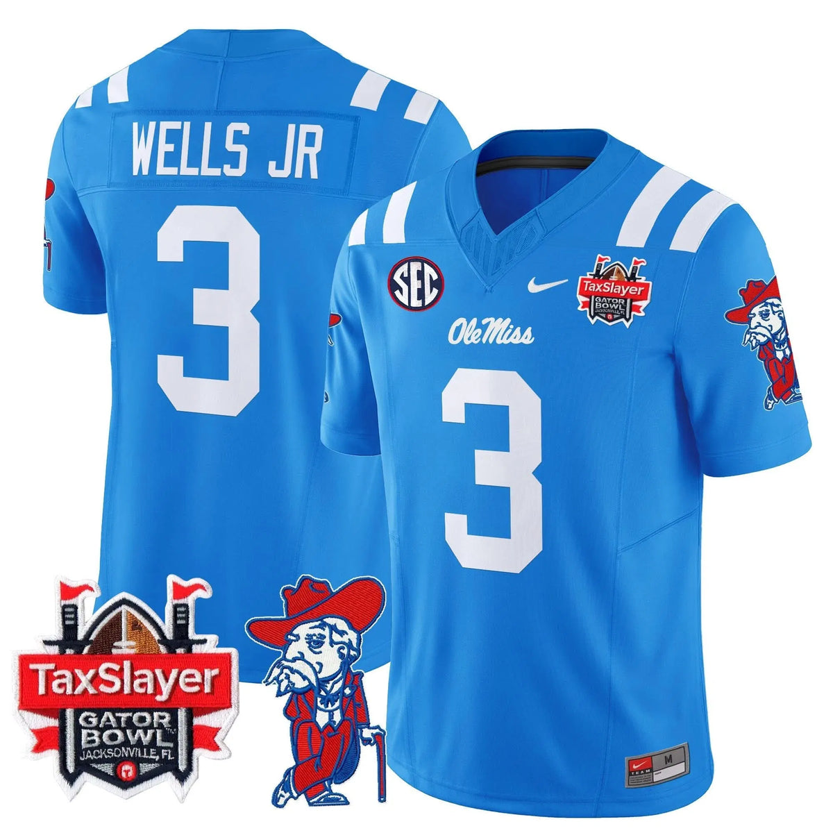 Personalized OMB 2026 Gator Bowl Patch Vapor Limited Jersey - Powder Blue / Antwane Wells Jr. Stitched