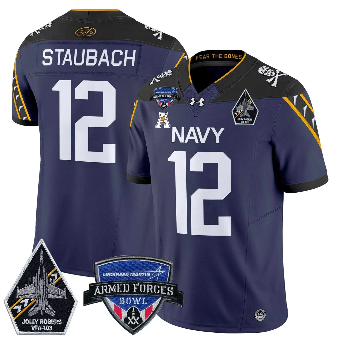 Personalized NM 2026 Armed Forces Bowl Patch Vapor Limited Jersey - Navy / Roger Staubach Stitched