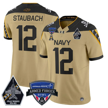Personalized NM 2026 Armed Forces Bowl Patch Vapor Limited Jersey - Gold / Roger Staubach Stitched