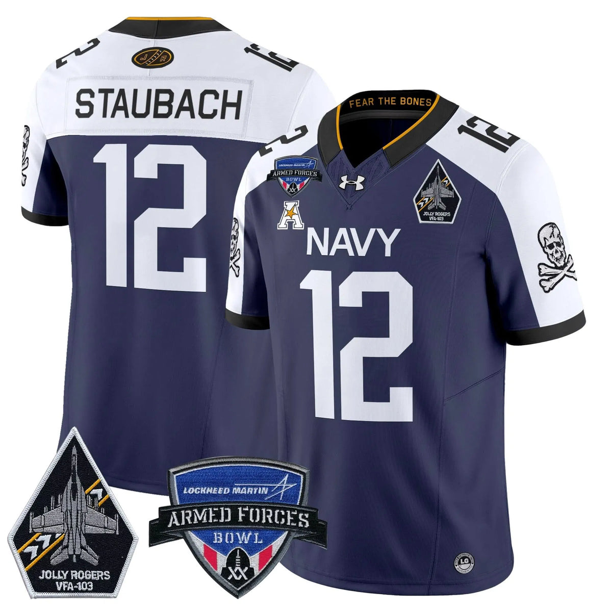 Personalized NM 2026 Armed Forces Bowl Patch Vapor Limited Jersey - Navy Alternate / Roger Staubach Stitched