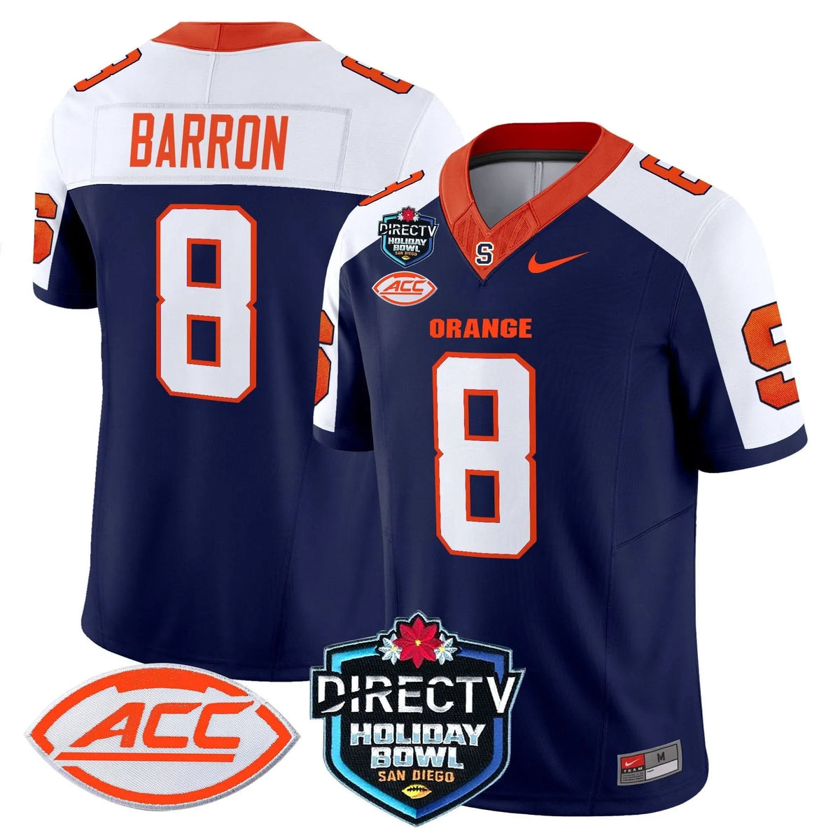 Personalized Syracuse Orange 2026 Holiday Bowl Patch Vapor Limited Jersey - Navy Alternate / Justin Barron Stitched