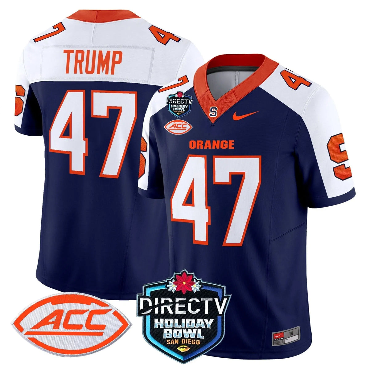 Personalized Syracuse Orange 2026 Holiday Bowl Patch Vapor Limited Jersey - Navy Alternate / Trump Stitched
