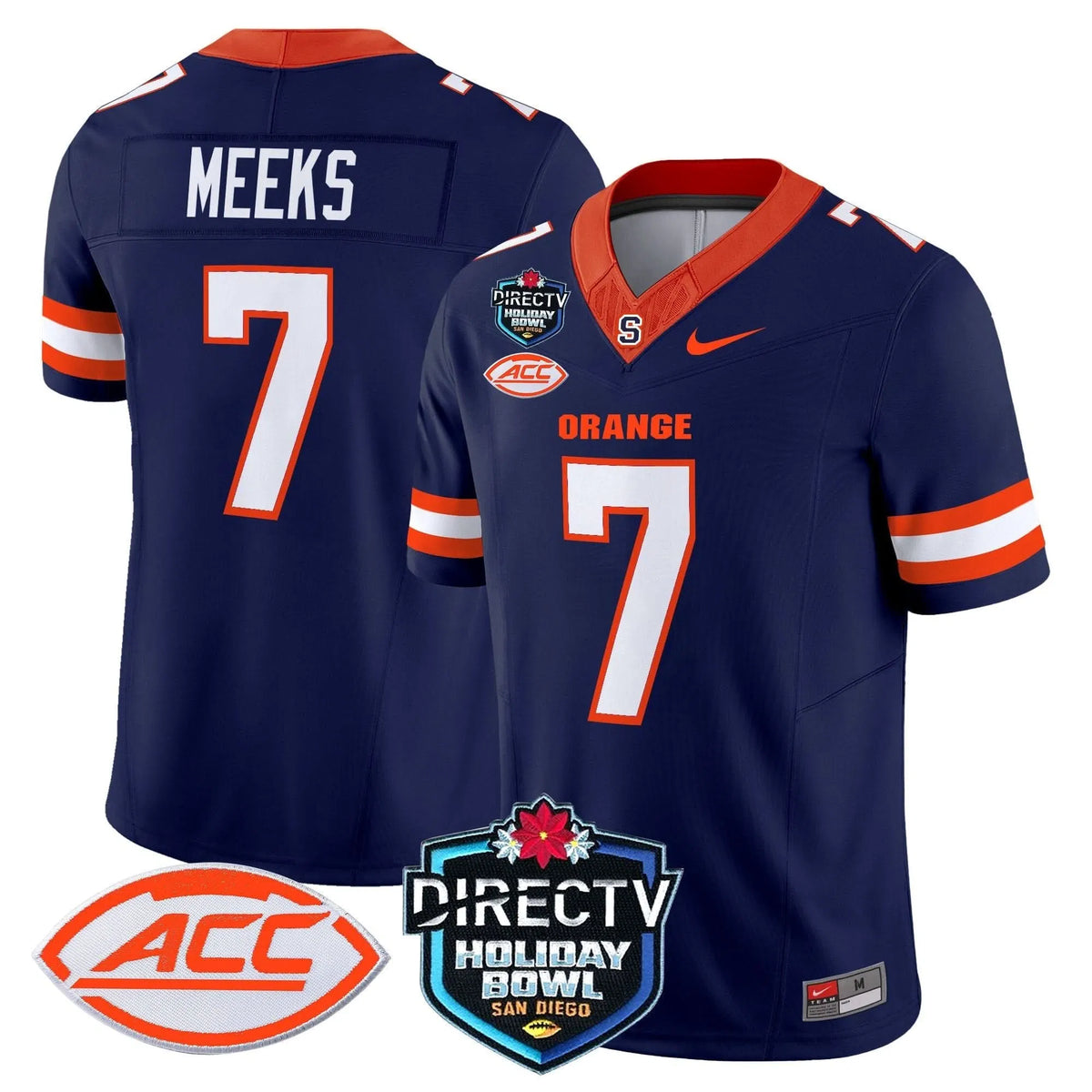 Personalized Syracuse Orange 2026 Holiday Bowl Patch Vapor Limited Jersey - Navy / Jackson Meeks Stitched