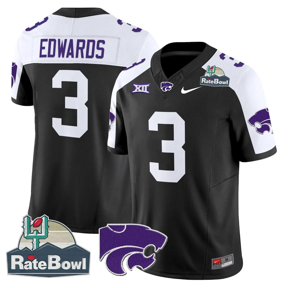 Personalized Kansas State Wildcats 2026 Rate Bowl Patch Vapor Limited Jersey - Black Alternate / Dylan Edwards Stitched
