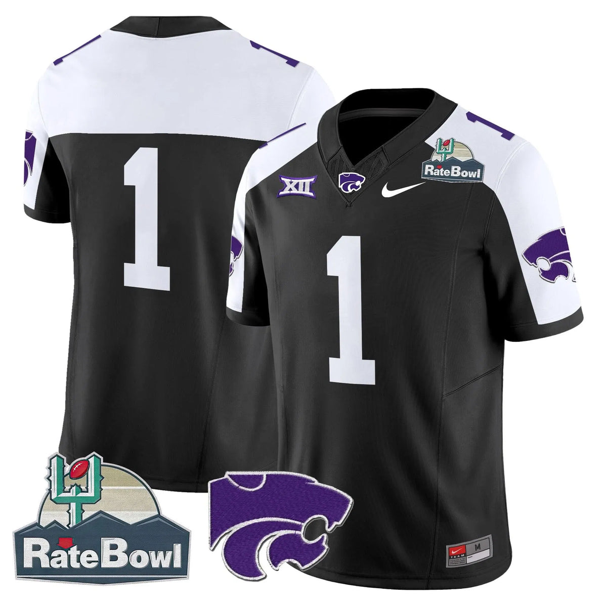 Personalized Kansas State Wildcats 2026 Rate Bowl Patch Vapor Limited Jersey - Black Alternate / #1 Team Stitched