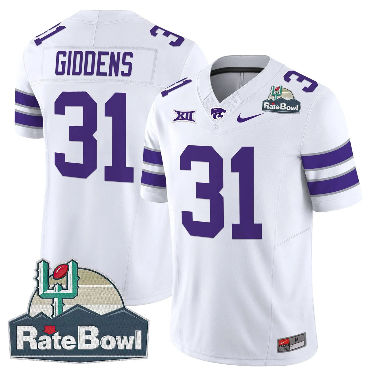 Personalized Kansas State Wildcats 2026 Rate Bowl Patch Vapor Limited Jersey - White / DJ Giddens Stitched