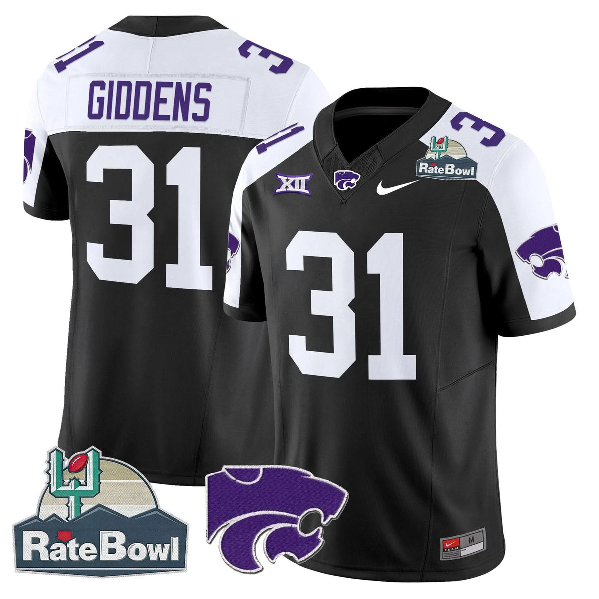 Personalized Kansas State Wildcats 2026 Rate Bowl Patch Vapor Limited Jersey - Black Alternate / DJ Giddens Stitched