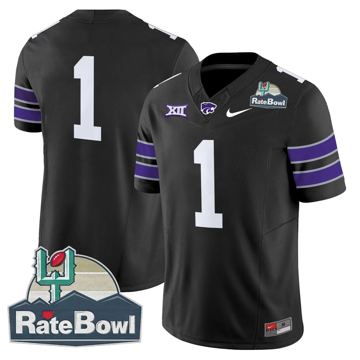 Personalized Kansas State Wildcats 2026 Rate Bowl Patch Vapor Limited Jersey - Black / #1 Team Stitched