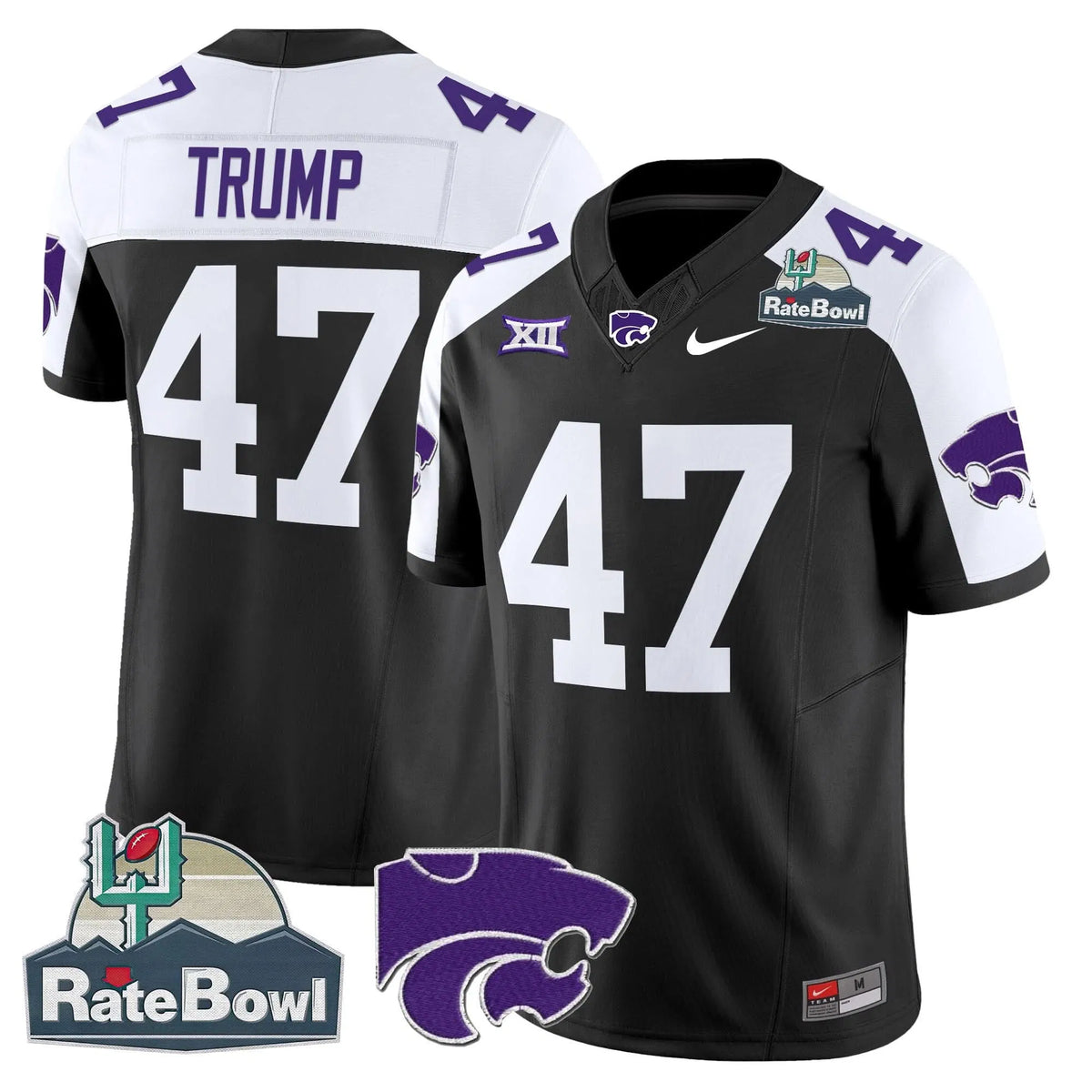 Personalized Kansas State Wildcats 2026 Rate Bowl Patch Vapor Limited Jersey - Black Alternate / Trump Stitched