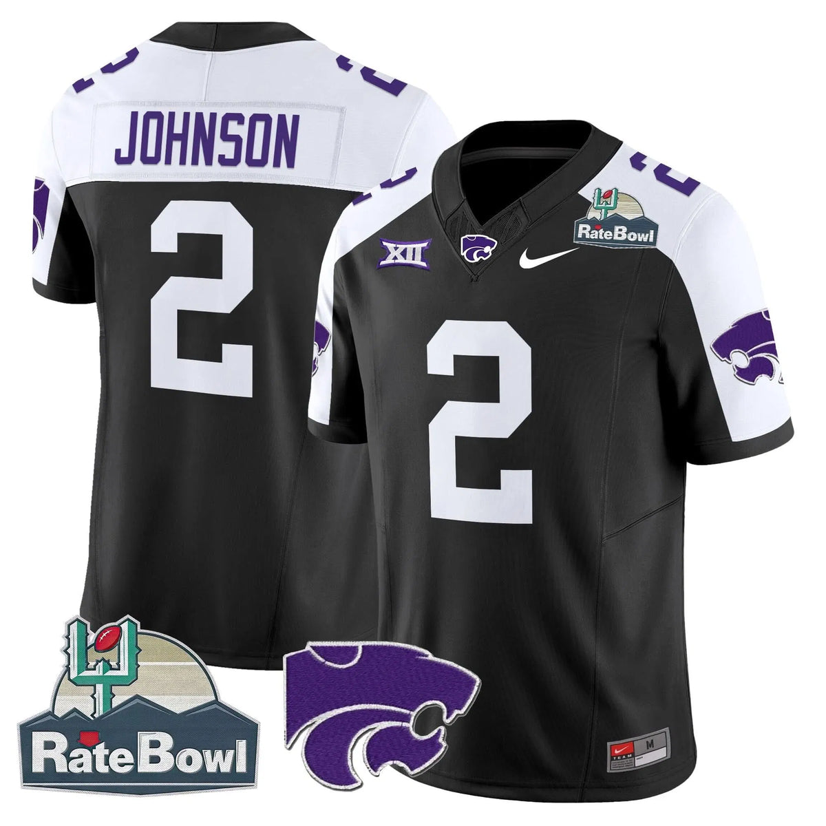 Personalized Kansas State Wildcats 2026 Rate Bowl Patch Vapor Limited Jersey - Black Alternate / Avery Johnson Stitched