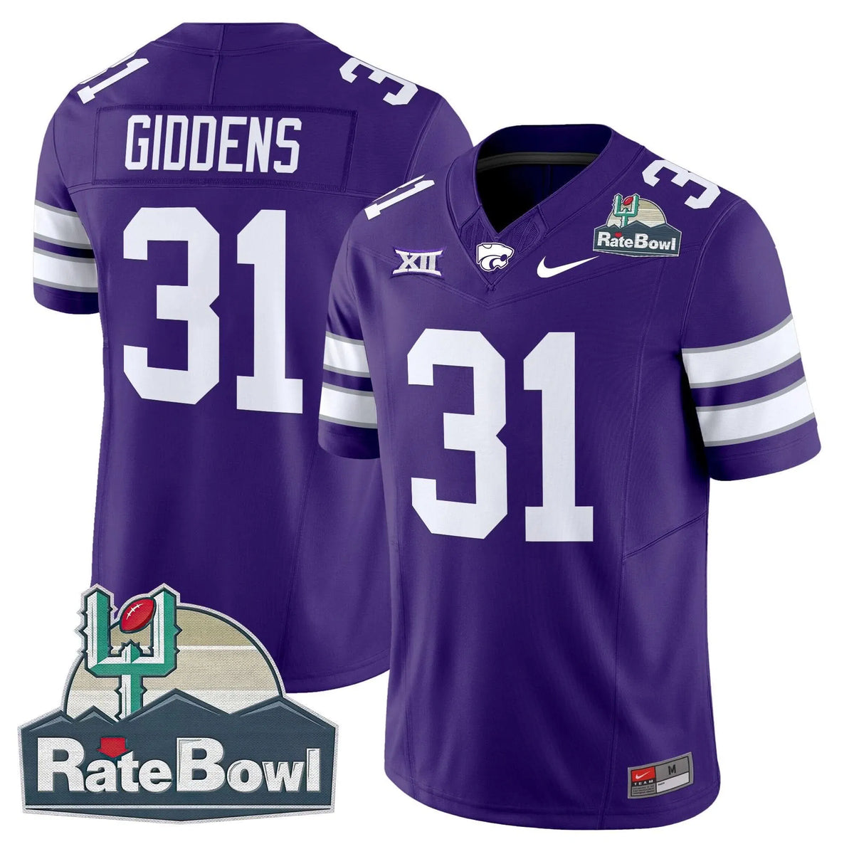 Personalized Kansas State Wildcats 2026 Rate Bowl Patch Vapor Limited Jersey - Purple / DJ Giddens Stitched