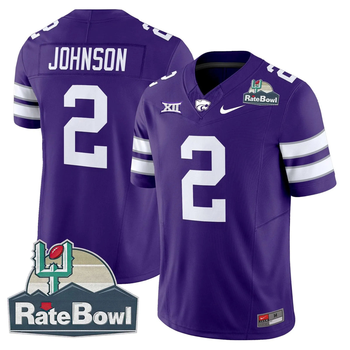 Personalized Kansas State Wildcats 2026 Rate Bowl Patch Vapor Limited Jersey - Purple / Avery Johnson Stitched