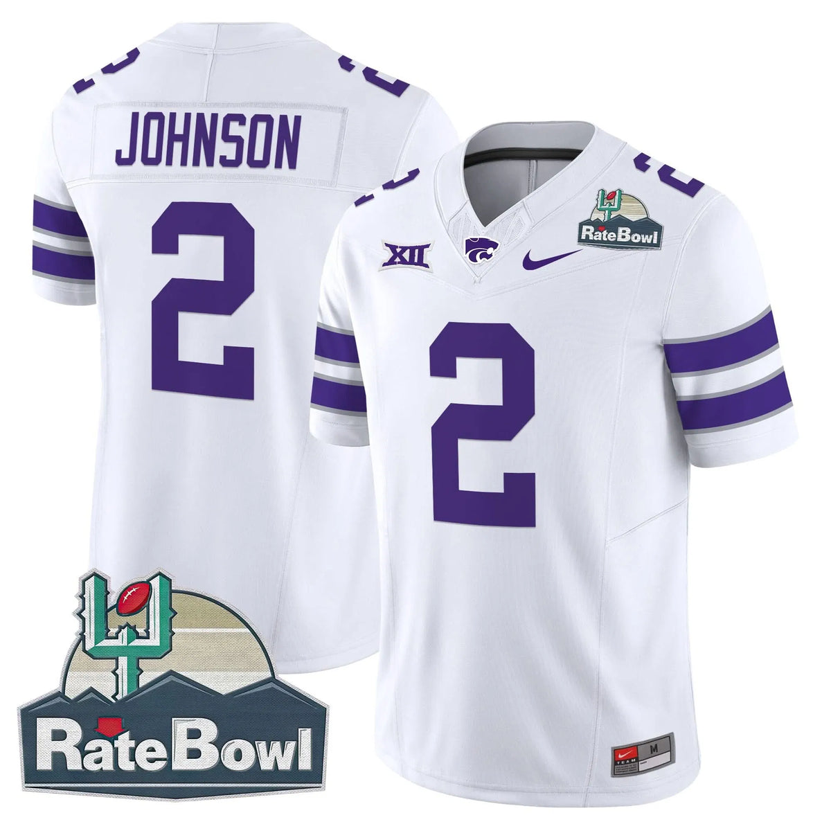Personalized Kansas State Wildcats 2026 Rate Bowl Patch Vapor Limited Jersey - White / Avery Johnson Stitched