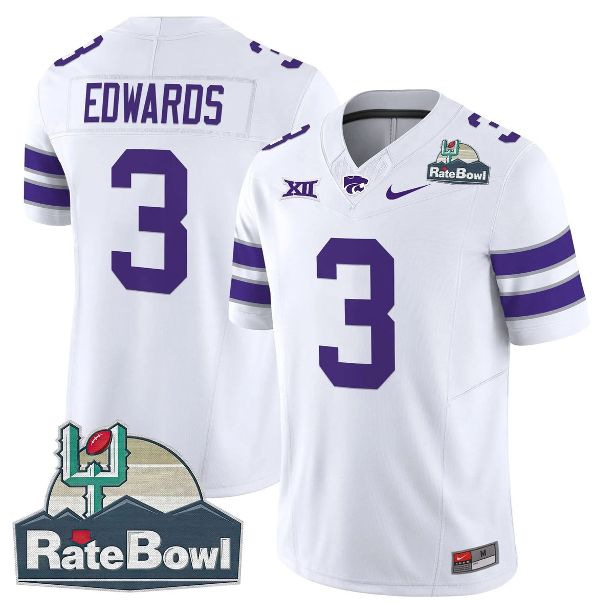 Personalized Kansas State Wildcats 2026 Rate Bowl Patch Vapor Limited Jersey - White / Dylan Edwards Stitched