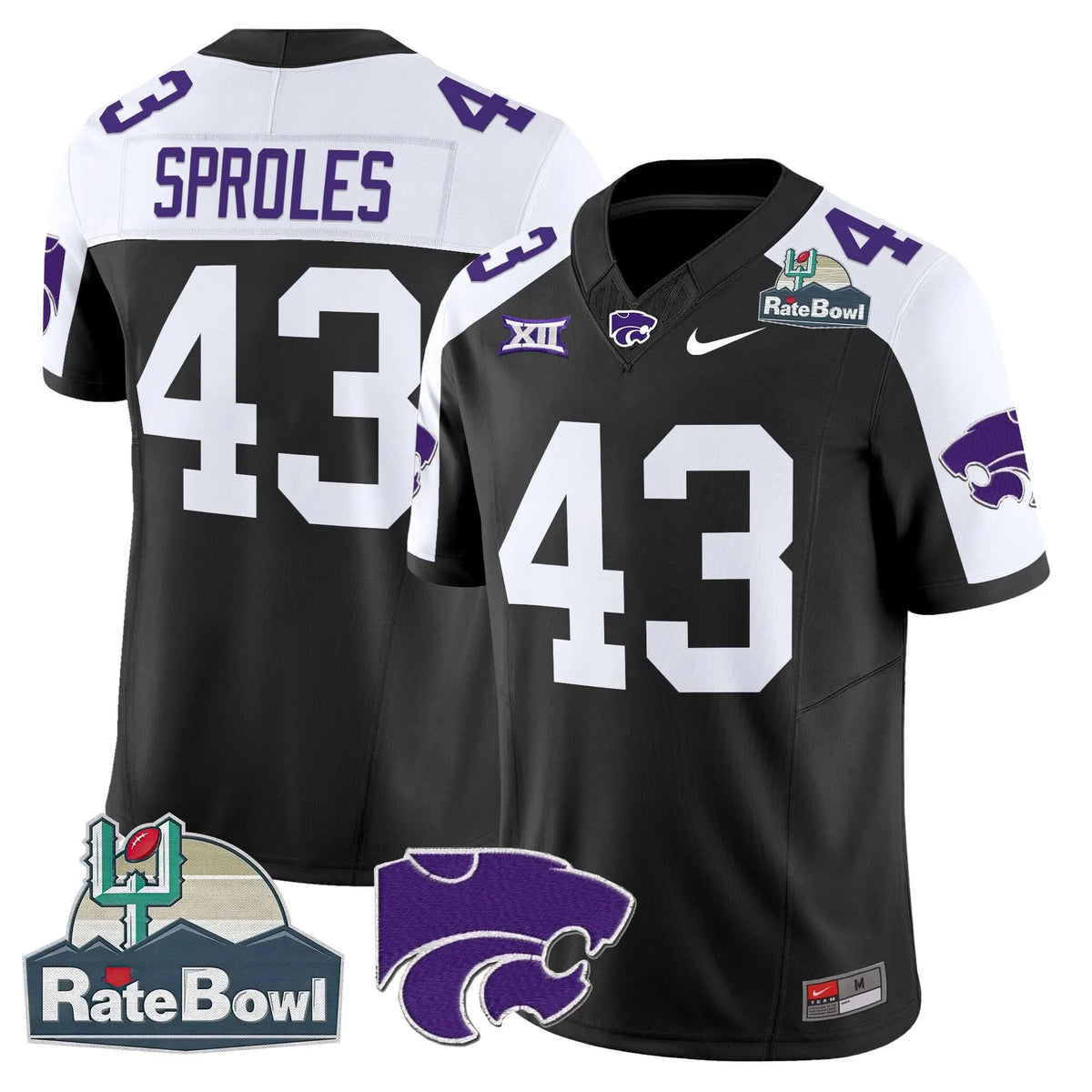 Personalized Kansas State Wildcats 2026 Rate Bowl Patch Vapor Limited Jersey - Black Alternate / Darren Sproles Stitched
