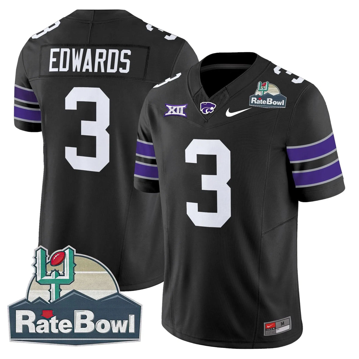 Personalized Kansas State Wildcats 2026 Rate Bowl Patch Vapor Limited Jersey - Black / Dylan Edwards Stitched
