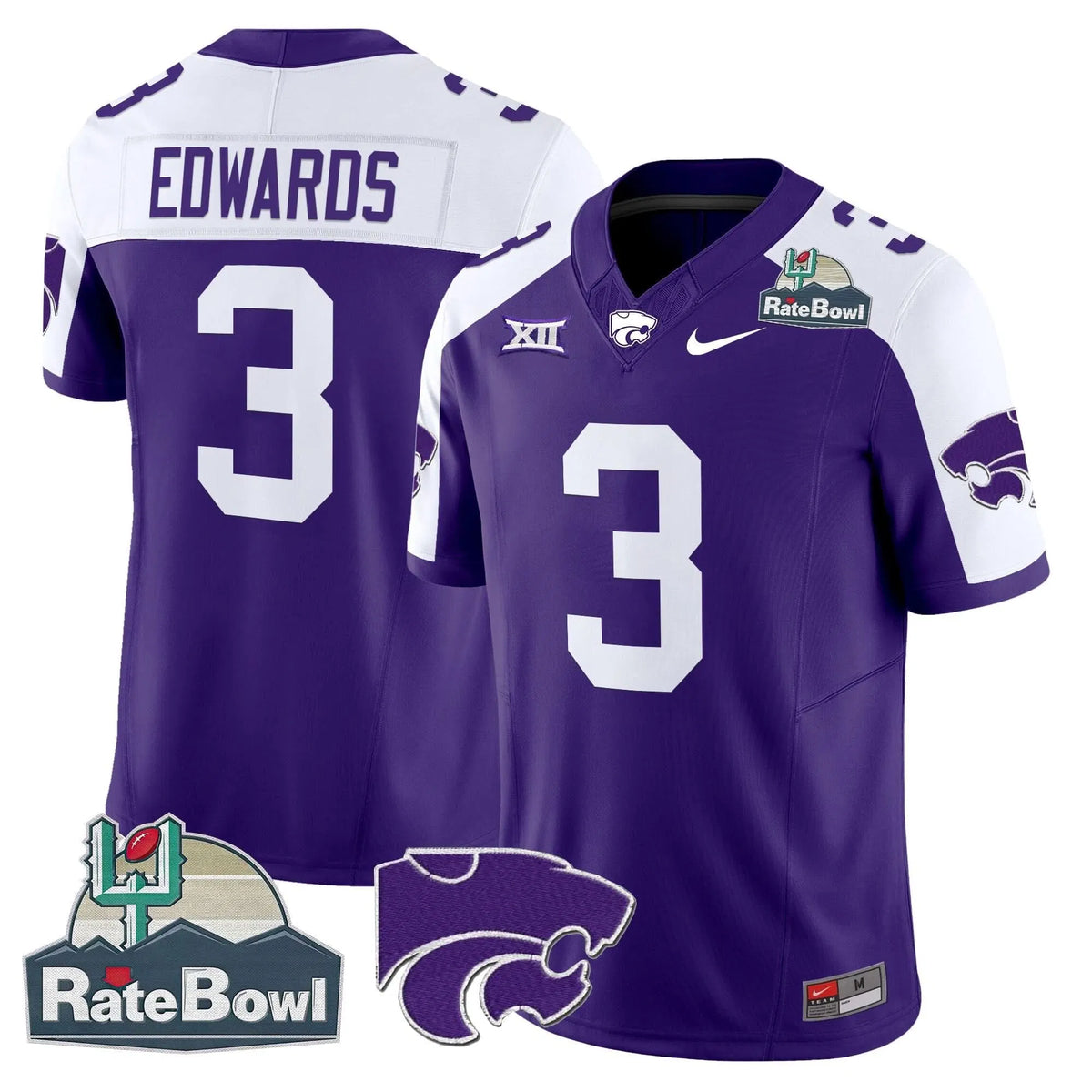 Personalized Kansas State Wildcats 2026 Rate Bowl Patch Vapor Limited Jersey - Purple Alternate / Dylan Edwards Stitched