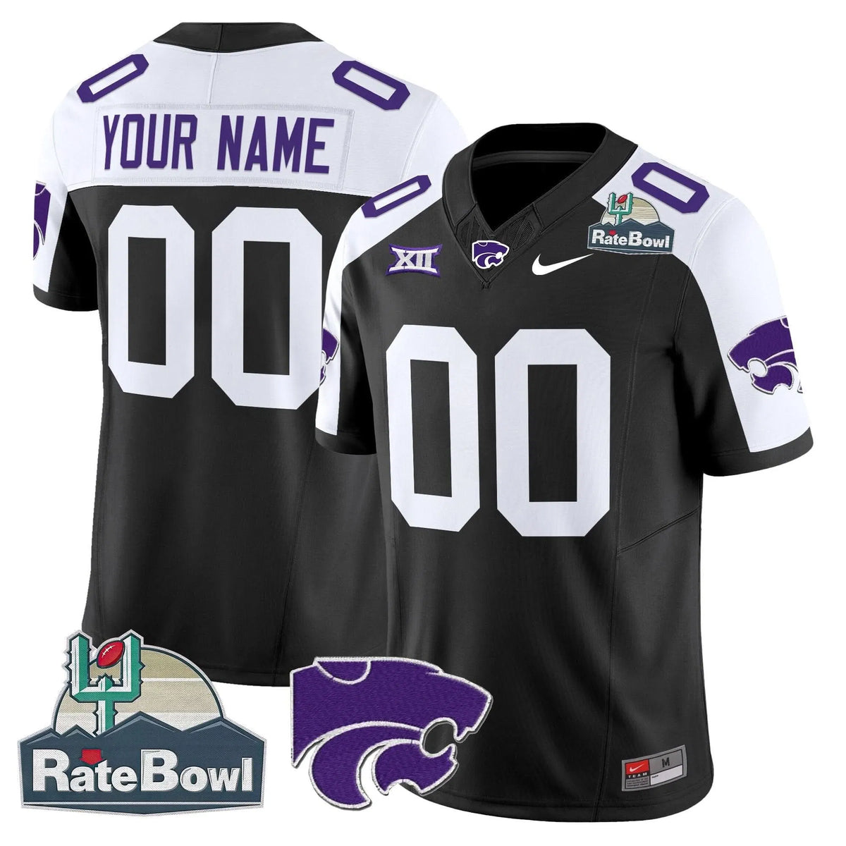 Personalized Kansas State Wildcats 2026 Rate Bowl Patch Vapor Limited Custom Jersey - Black Alternate Stitched