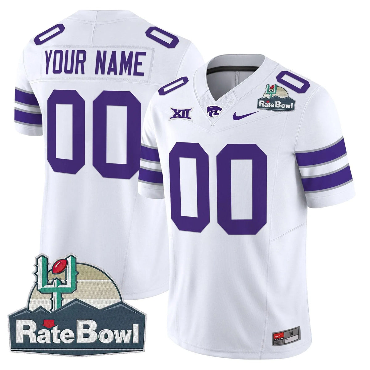 Personalized Kansas State Wildcats 2026 Rate Bowl Patch Vapor Limited Custom Jersey - White Stitched